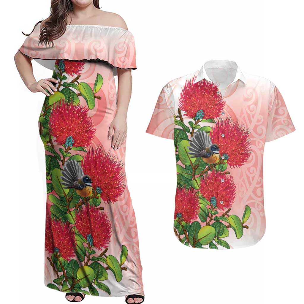 New Zealand Fantail Couples Matching Off Shoulder Maxi Dress and Hawaiian Shirt Maori Koru With Pohutukawa Flowers - Polynesian Pride