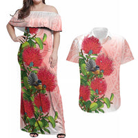 New Zealand Fantail Couples Matching Off Shoulder Maxi Dress and Hawaiian Shirt Maori Koru With Pohutukawa Flowers - Polynesian Pride