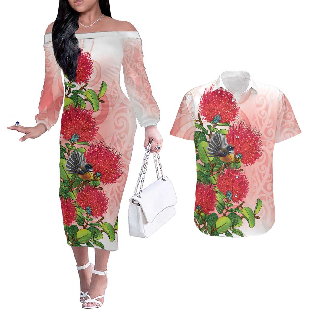 New Zealand Fantail Couples Matching Off The Shoulder Long Sleeve Dress and Hawaiian Shirt Maori Koru With Pohutukawa Flowers - Polynesian Pride