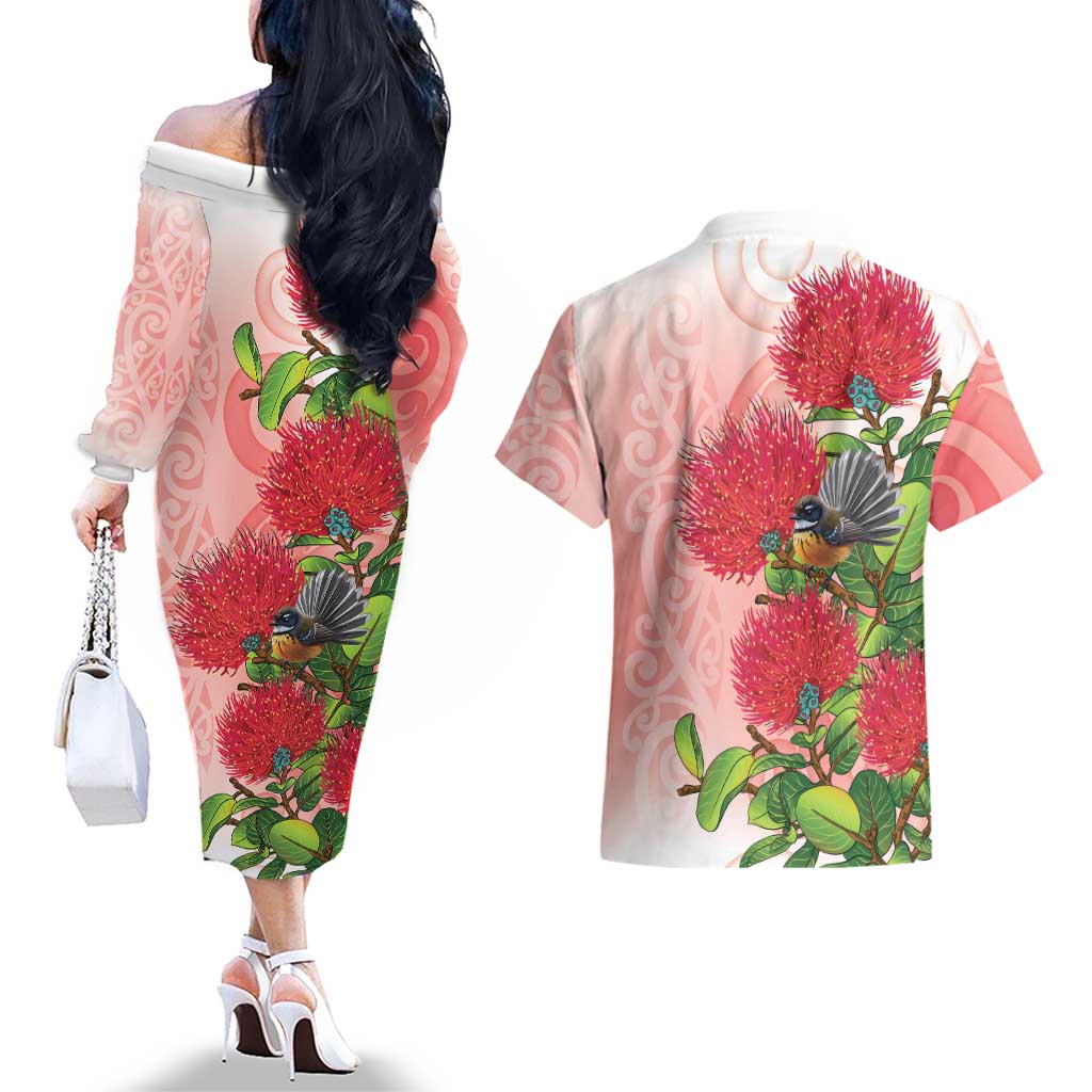 New Zealand Fantail Couples Matching Off The Shoulder Long Sleeve Dress and Hawaiian Shirt Maori Koru With Pohutukawa Flowers - Polynesian Pride