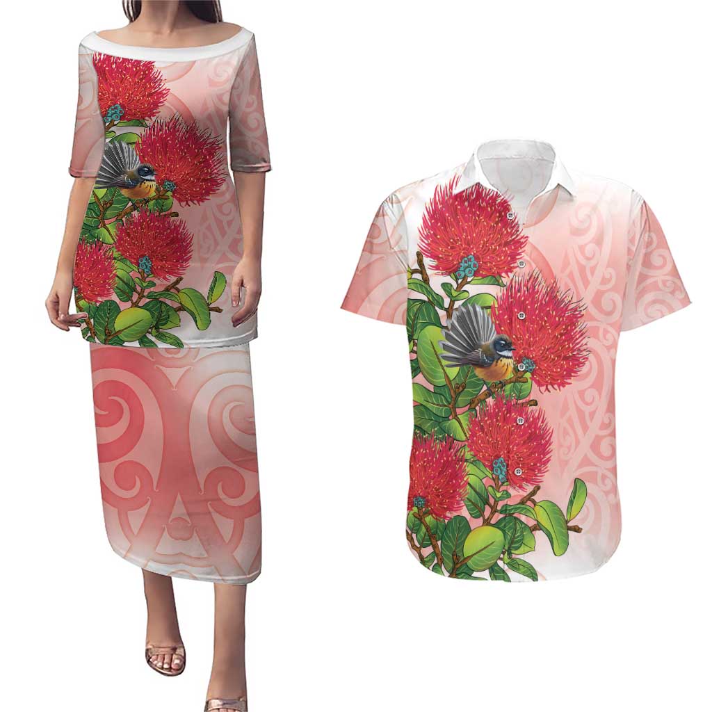 New Zealand Fantail Couples Matching Puletasi and Hawaiian Shirt Maori Koru With Pohutukawa Flowers - Polynesian Pride