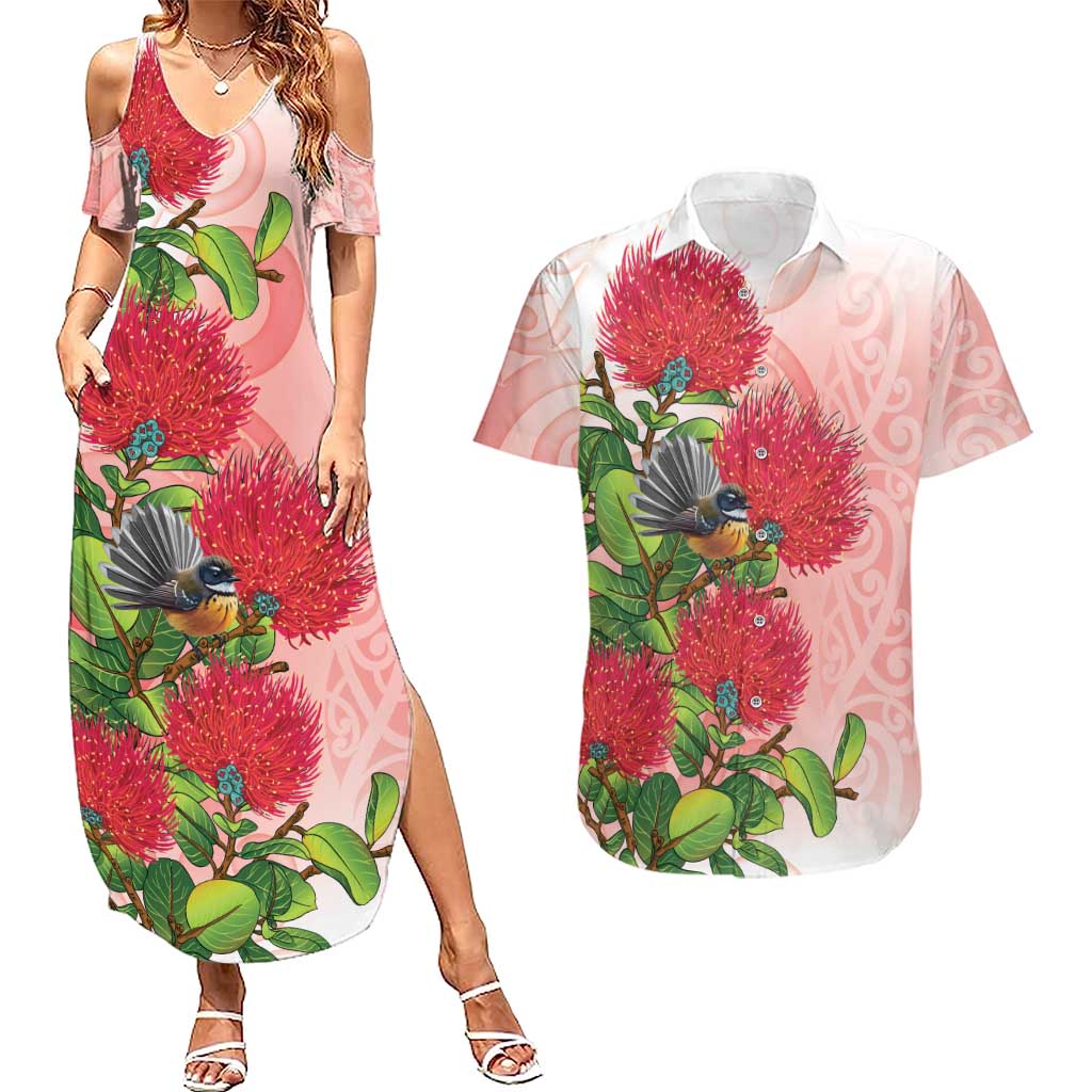 New Zealand Fantail Couples Matching Summer Maxi Dress and Hawaiian Shirt Maori Koru With Pohutukawa Flowers - Polynesian Pride
