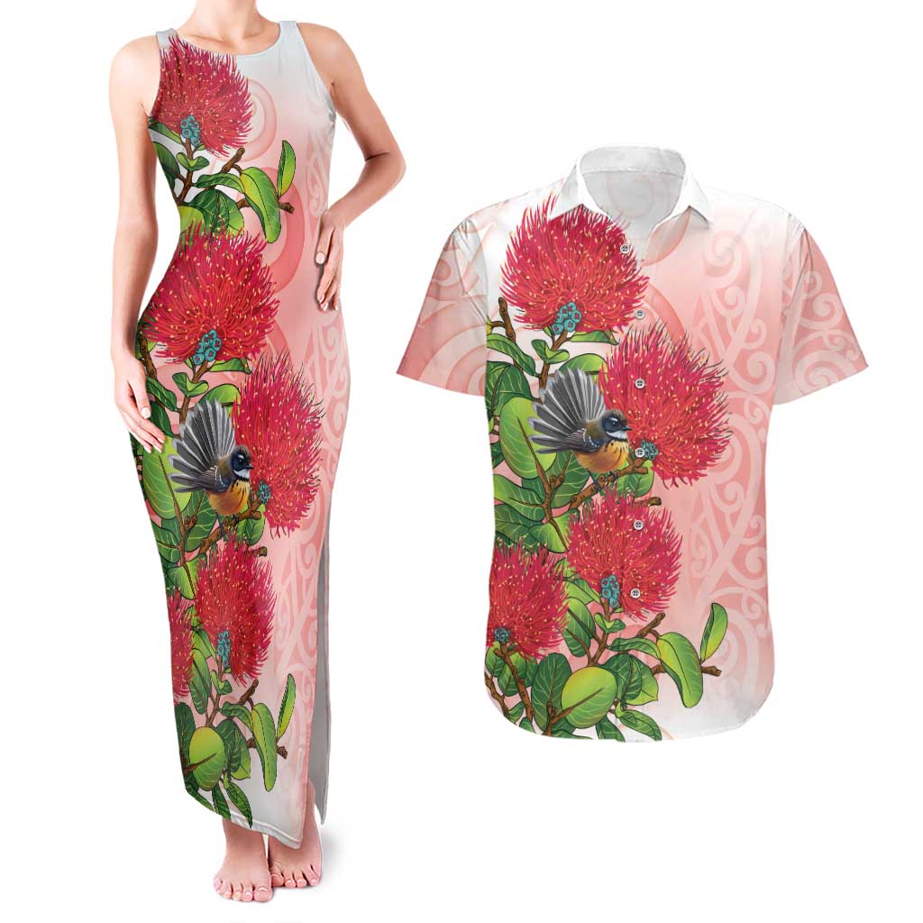 New Zealand Fantail Couples Matching Tank Maxi Dress and Hawaiian Shirt Maori Koru With Pohutukawa Flowers - Polynesian Pride