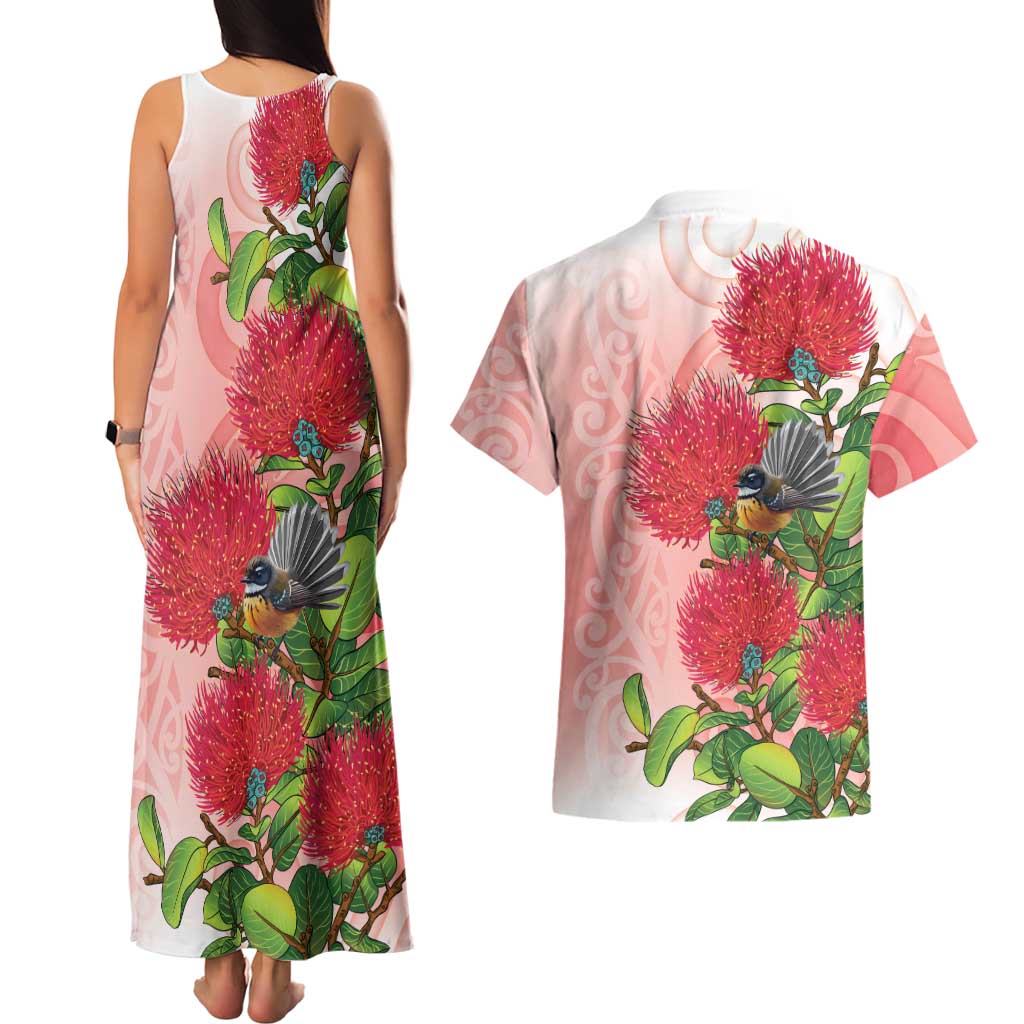 New Zealand Fantail Couples Matching Tank Maxi Dress and Hawaiian Shirt Maori Koru With Pohutukawa Flowers - Polynesian Pride