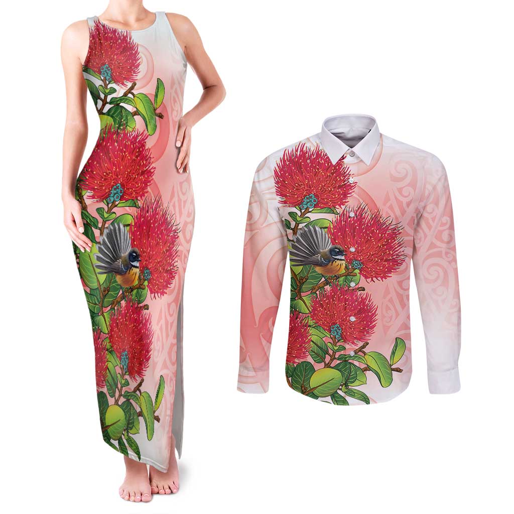 New Zealand Fantail Couples Matching Tank Maxi Dress and Long Sleeve Button Shirt Maori Koru With Pohutukawa Flowers - Polynesian Pride