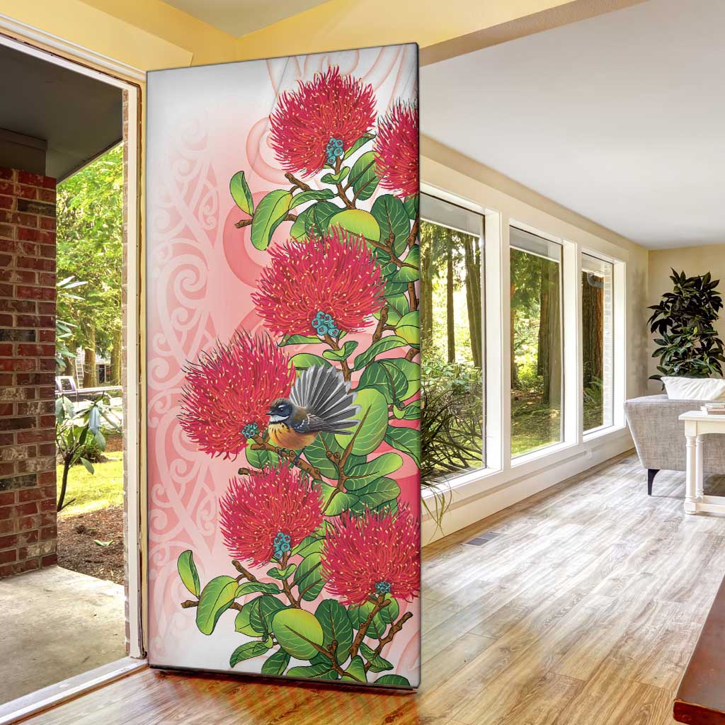 New Zealand Fantail Door Cover Maori Koru With Pohutukawa Flowers - Polynesian Pride