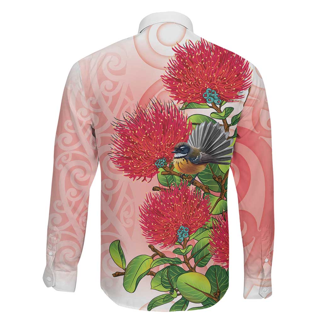 New Zealand Fantail Family Matching Long Sleeve Bodycon Dress and Hawaiian Shirt Maori Koru With Pohutukawa Flowers