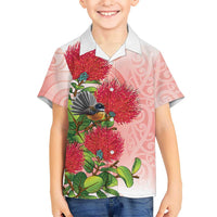New Zealand Fantail Family Matching Puletasi and Hawaiian Shirt Maori Koru With Pohutukawa Flowers