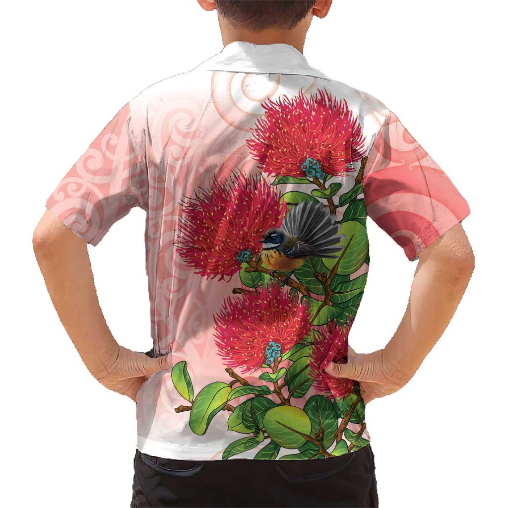 New Zealand Fantail Family Matching Summer Maxi Dress and Hawaiian Shirt Maori Koru With Pohutukawa Flowers