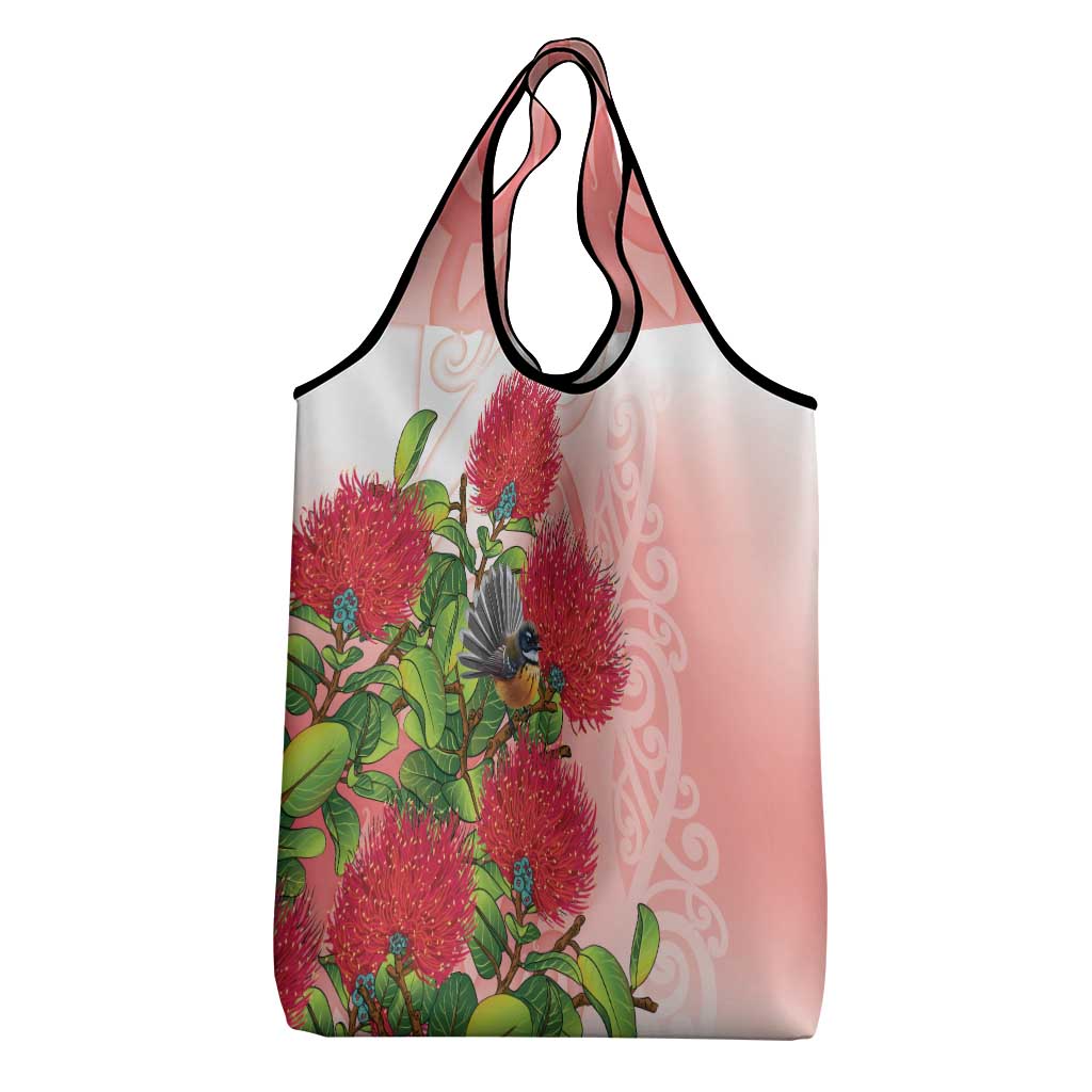 New Zealand Fantail Grocery Bag Maori Koru With Pohutukawa Flowers LT05 - Polynesian Pride