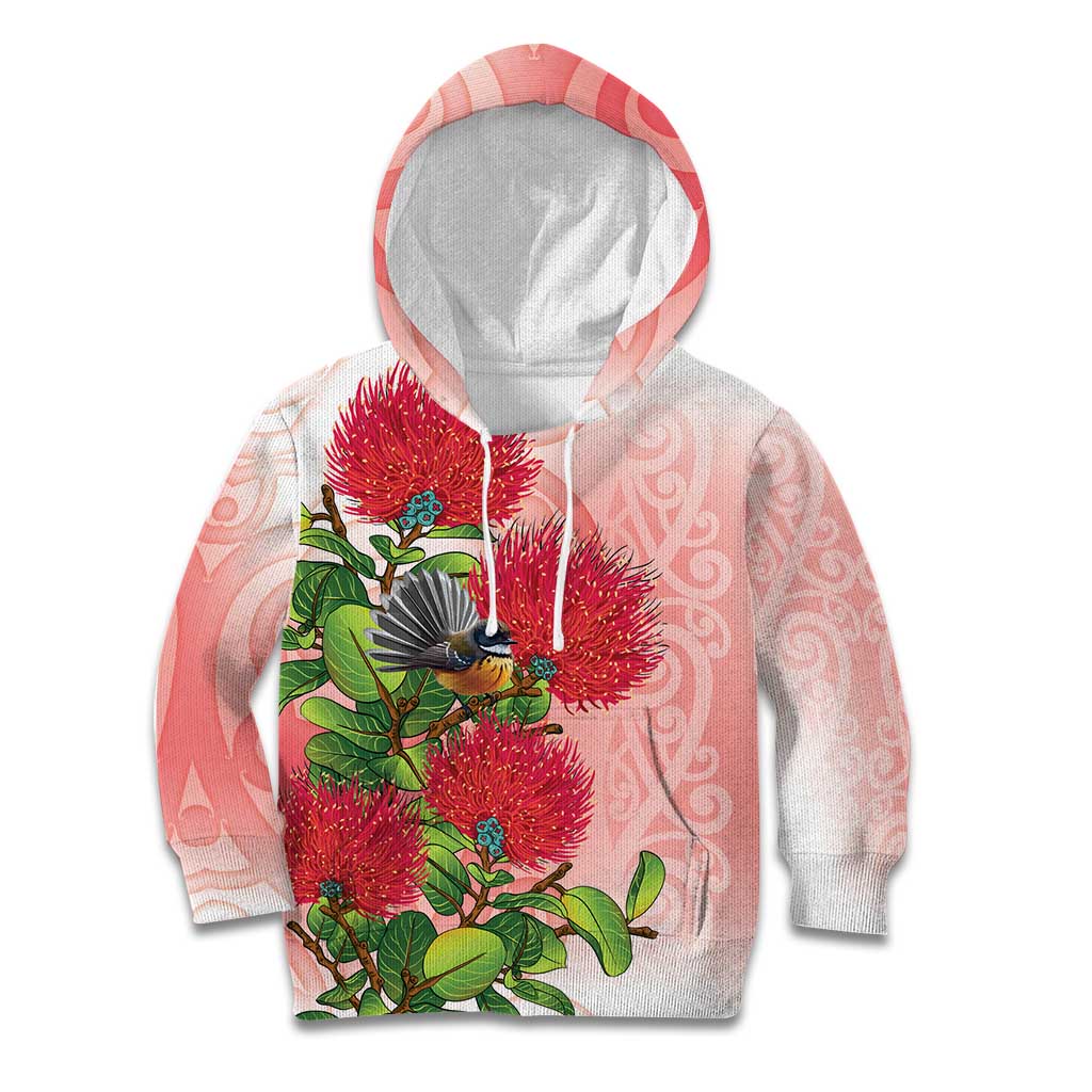 New Zealand Fantail Kid Hoodie Maori Koru With Pohutukawa Flowers LT05 Hoodie Red - Polynesian Pride
