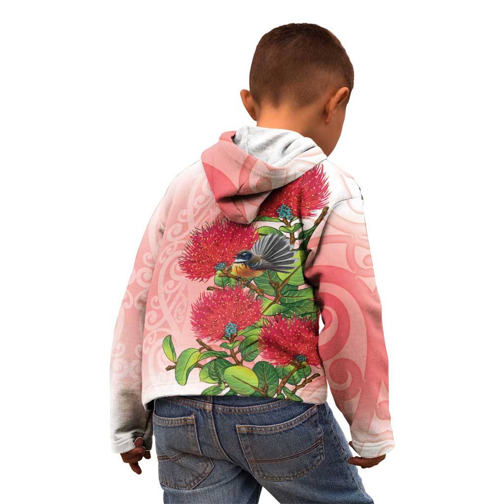 New Zealand Fantail Kid Hoodie Maori Koru With Pohutukawa Flowers LT05 - Polynesian Pride