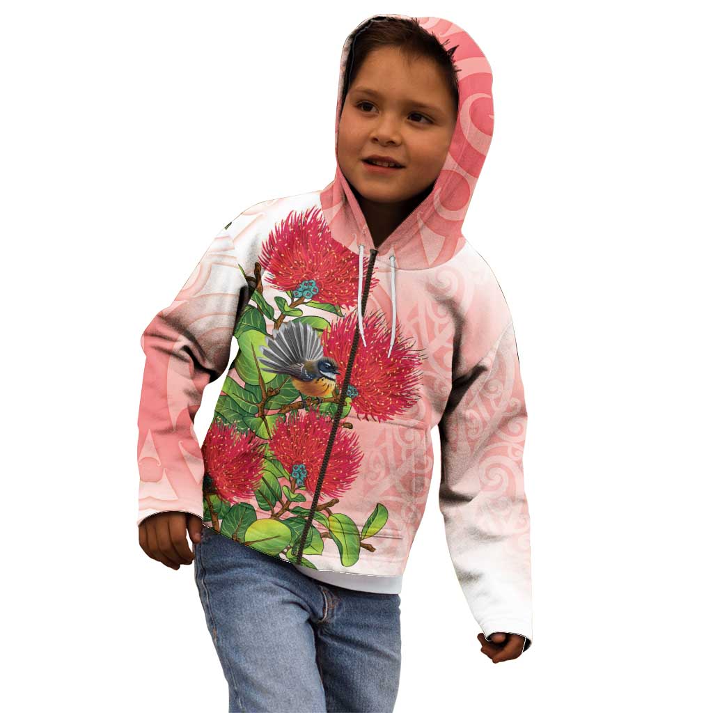 New Zealand Fantail Kid Hoodie Maori Koru With Pohutukawa Flowers LT05 - Polynesian Pride