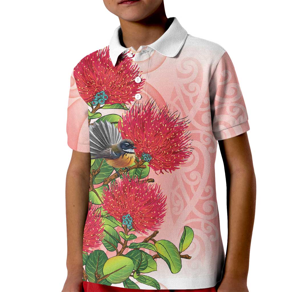 New Zealand Fantail Kid Polo Shirt Maori Koru With Pohutukawa Flowers - Polynesian Pride