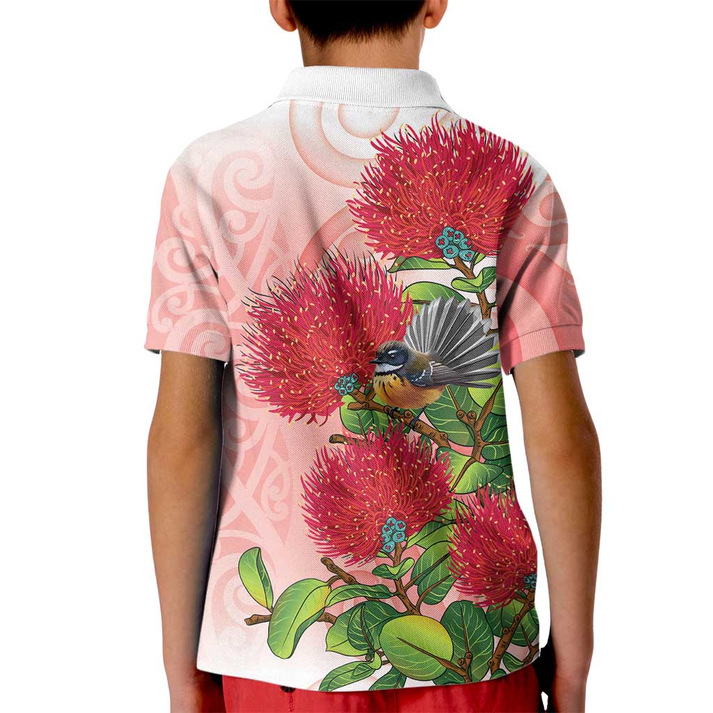 New Zealand Fantail Kid Polo Shirt Maori Koru With Pohutukawa Flowers - Polynesian Pride
