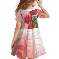 New Zealand Fantail Kid Short Sleeve Dress Maori Koru With Pohutukawa Flowers - Polynesian Pride