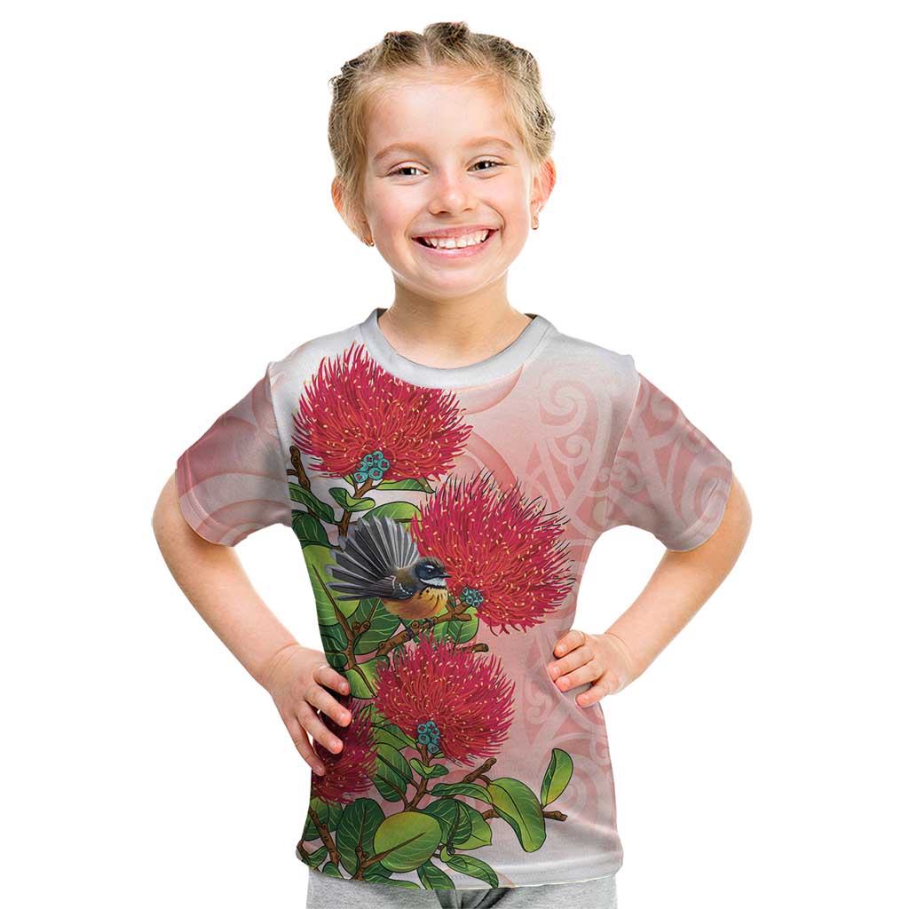 New Zealand Fantail Kid T Shirt Maori Koru With Pohutukawa Flowers - Polynesian Pride