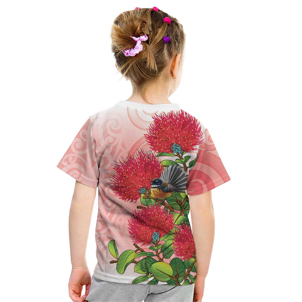 New Zealand Fantail Kid T Shirt Maori Koru With Pohutukawa Flowers - Polynesian Pride