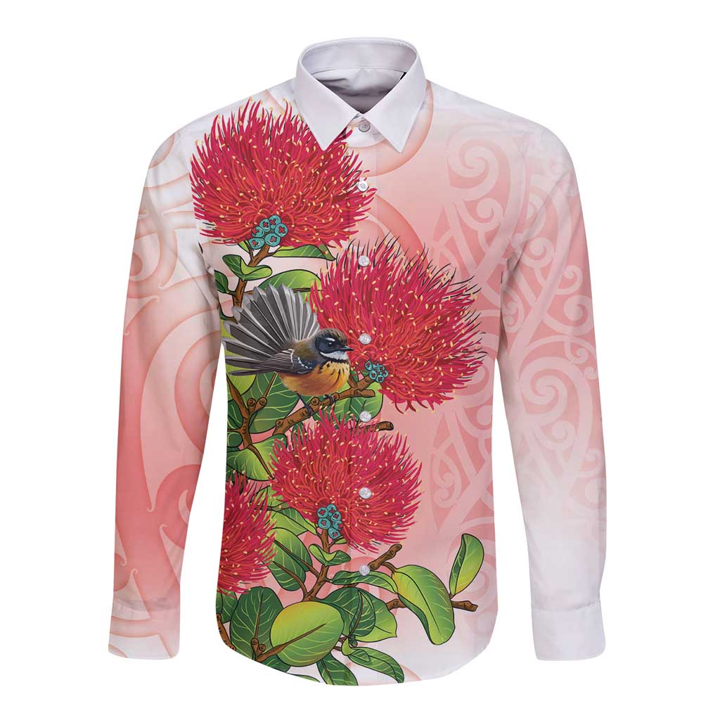 New Zealand Fantail Long Sleeve Button Shirt Maori Koru With Pohutukawa Flowers LT05 Unisex Red - Polynesian Pride