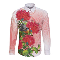 New Zealand Fantail Long Sleeve Button Shirt Maori Koru With Pohutukawa Flowers LT05 Unisex Red - Polynesian Pride