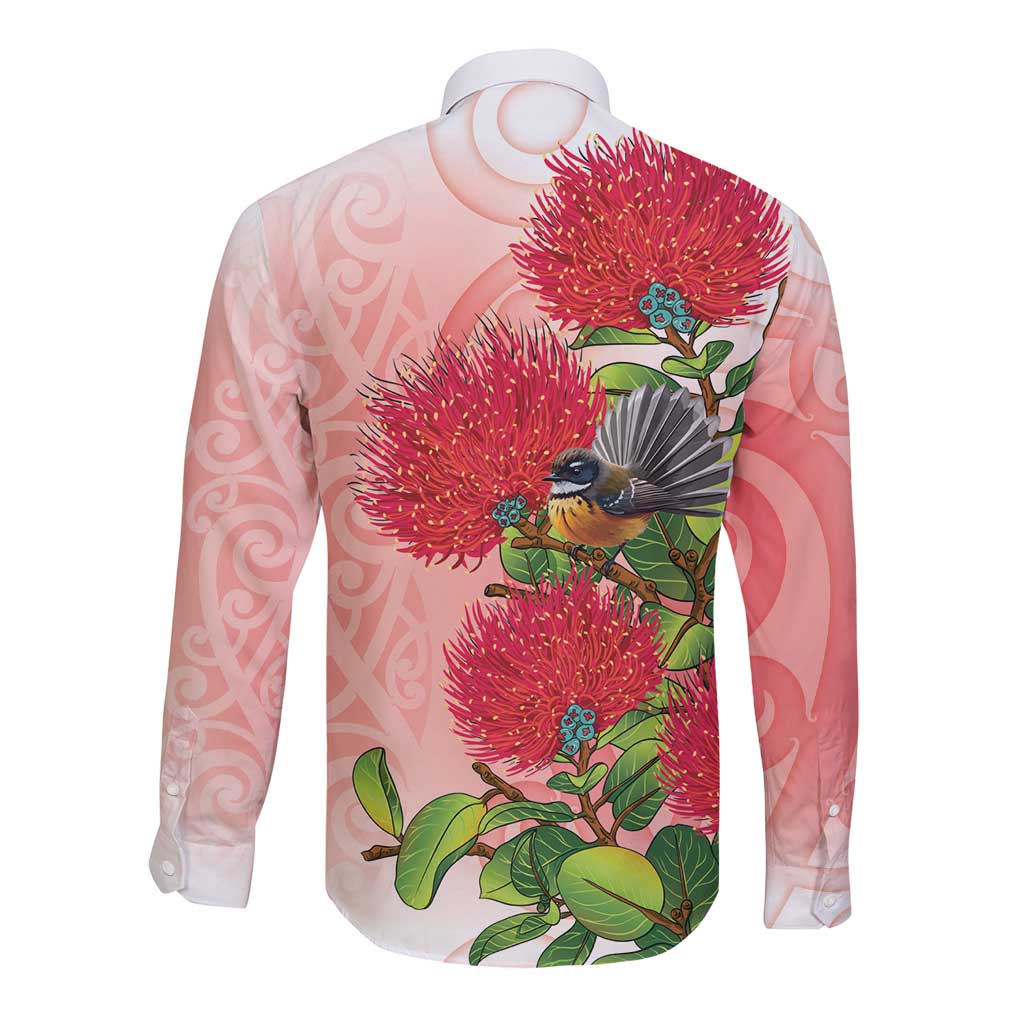 New Zealand Fantail Long Sleeve Button Shirt Maori Koru With Pohutukawa Flowers LT05 - Polynesian Pride