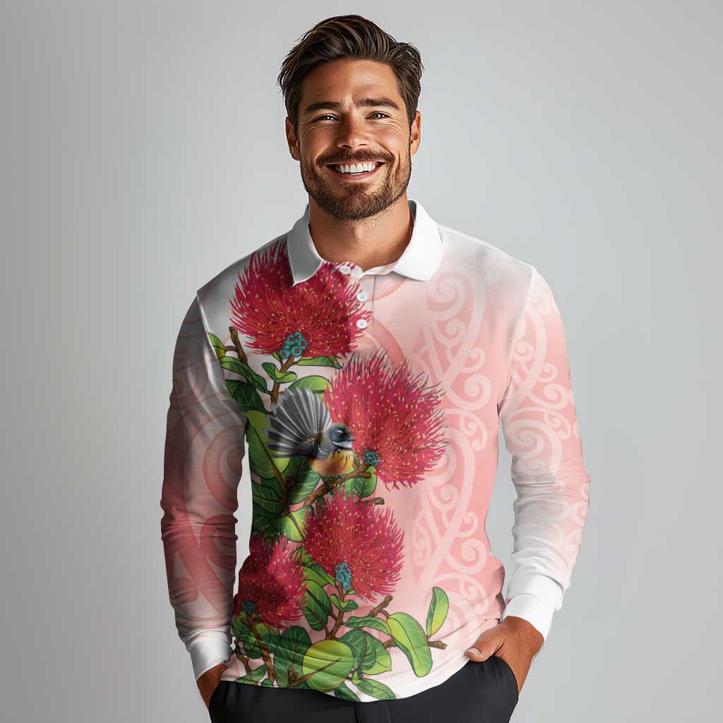 New Zealand Fantail Long Sleeve Polo Shirt Maori Koru With Pohutukawa Flowers - Polynesian Pride