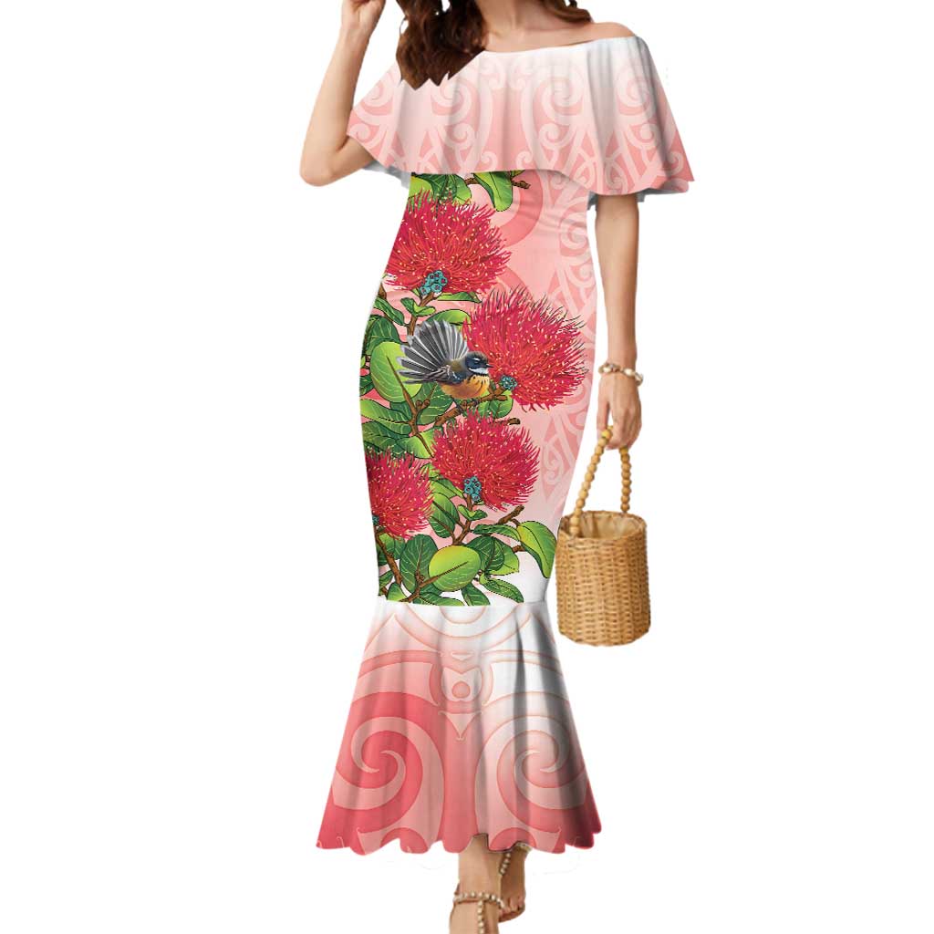 New Zealand Fantail Mermaid Dress Maori Koru With Pohutukawa Flowers LT05 Women Red - Polynesian Pride
