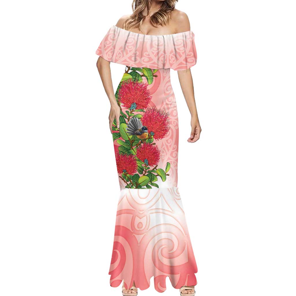 New Zealand Fantail Mermaid Dress Maori Koru With Pohutukawa Flowers LT05 - Polynesian Pride