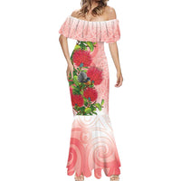New Zealand Fantail Mermaid Dress Maori Koru With Pohutukawa Flowers LT05 - Polynesian Pride