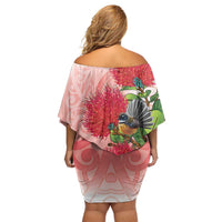 New Zealand Fantail Off Shoulder Short Dress Maori Koru With Pohutukawa Flowers - Polynesian Pride