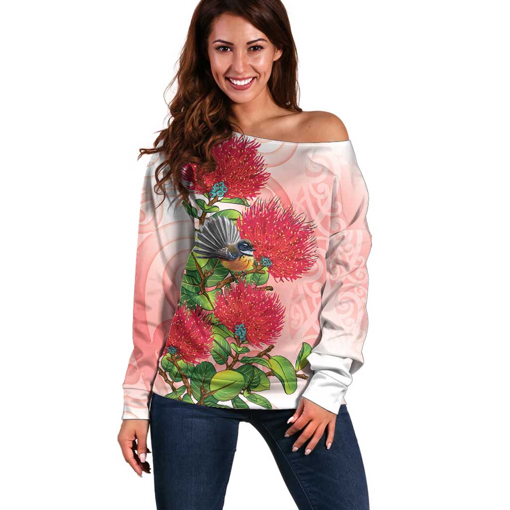 New Zealand Fantail Off Shoulder Sweater Maori Koru With Pohutukawa Flowers LT05 Women Red - Polynesian Pride