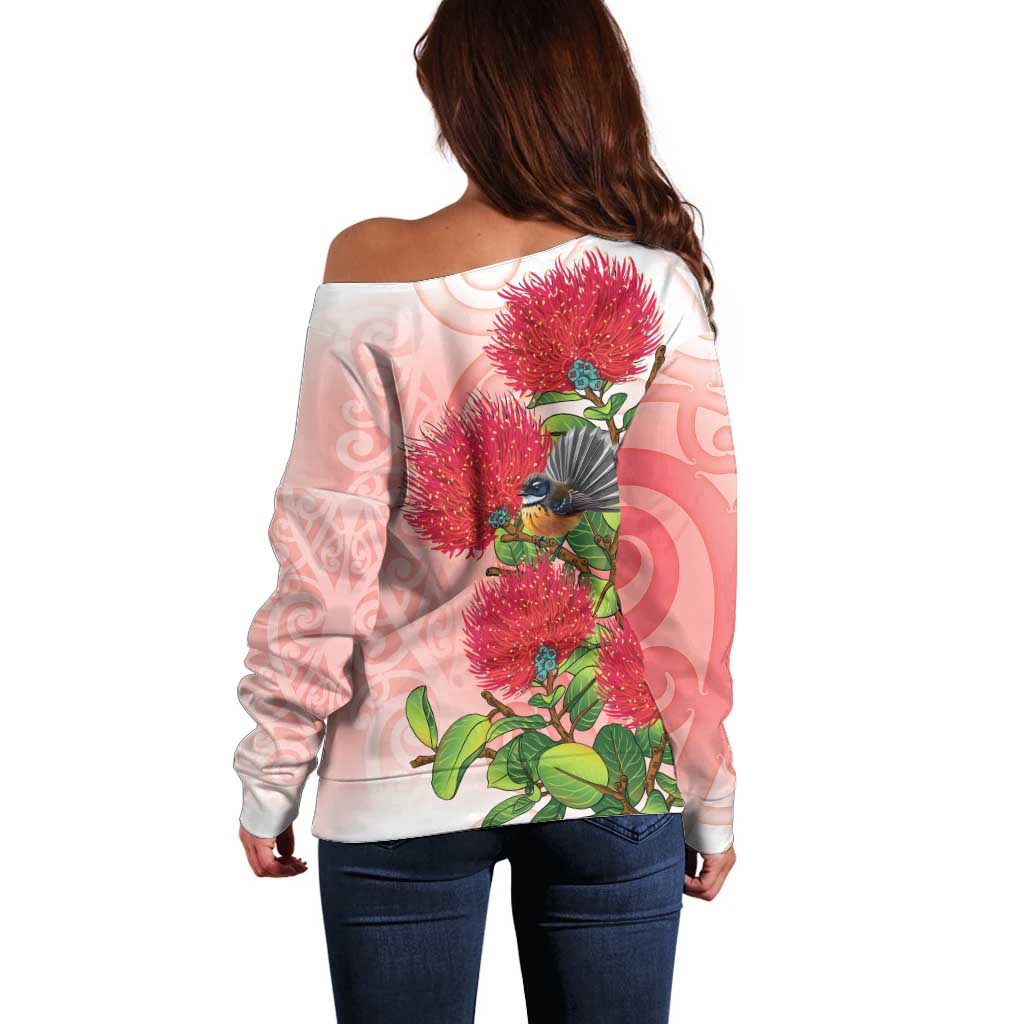 New Zealand Fantail Off Shoulder Sweater Maori Koru With Pohutukawa Flowers LT05 - Polynesian Pride