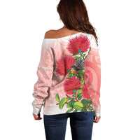 New Zealand Fantail Off Shoulder Sweater Maori Koru With Pohutukawa Flowers LT05 - Polynesian Pride