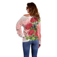New Zealand Fantail Off Shoulder Sweater Maori Koru With Pohutukawa Flowers LT05 - Polynesian Pride