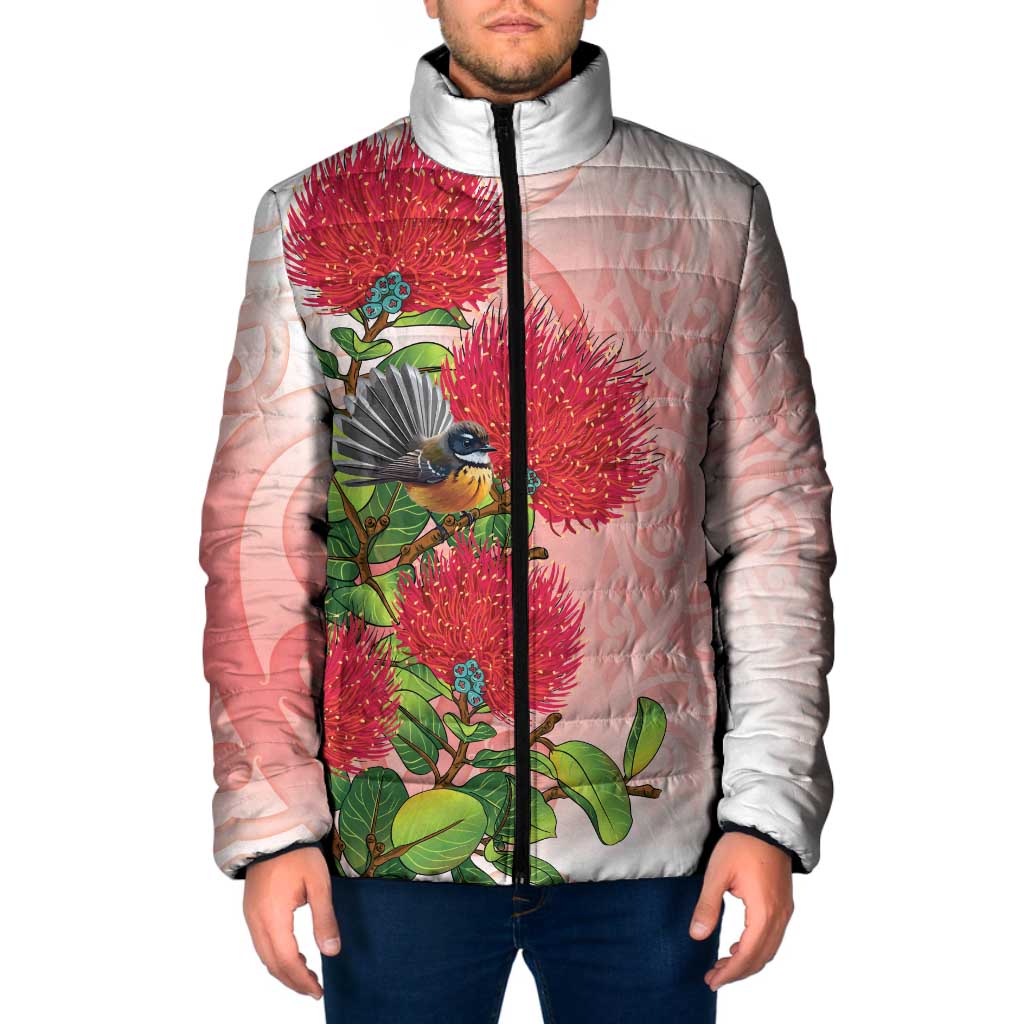 New Zealand Fantail Padded Jacket Maori Koru With Pohutukawa Flowers LT05 Men Red - Polynesian Pride