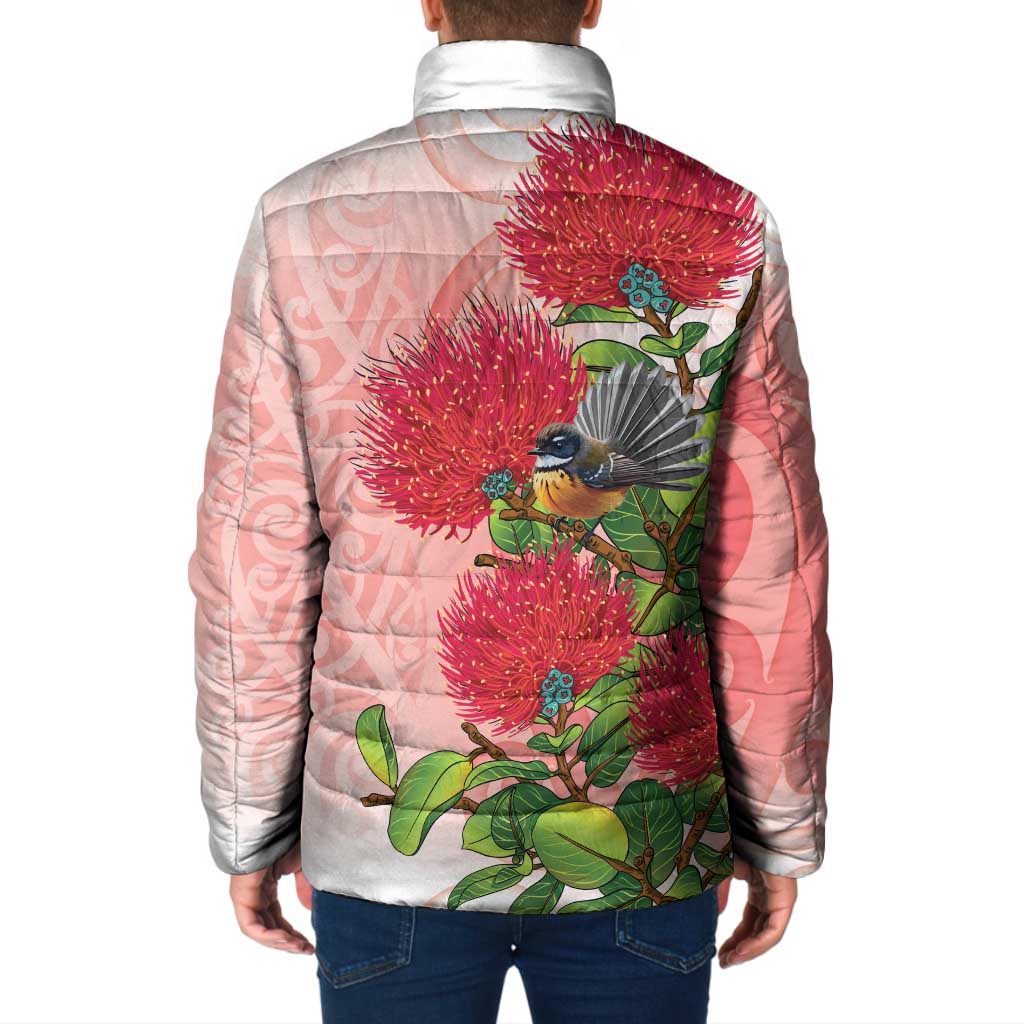 New Zealand Fantail Padded Jacket Maori Koru With Pohutukawa Flowers LT05 - Polynesian Pride