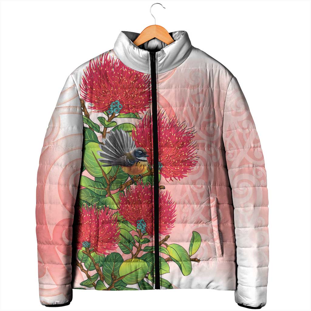 New Zealand Fantail Padded Jacket Maori Koru With Pohutukawa Flowers LT05 - Polynesian Pride