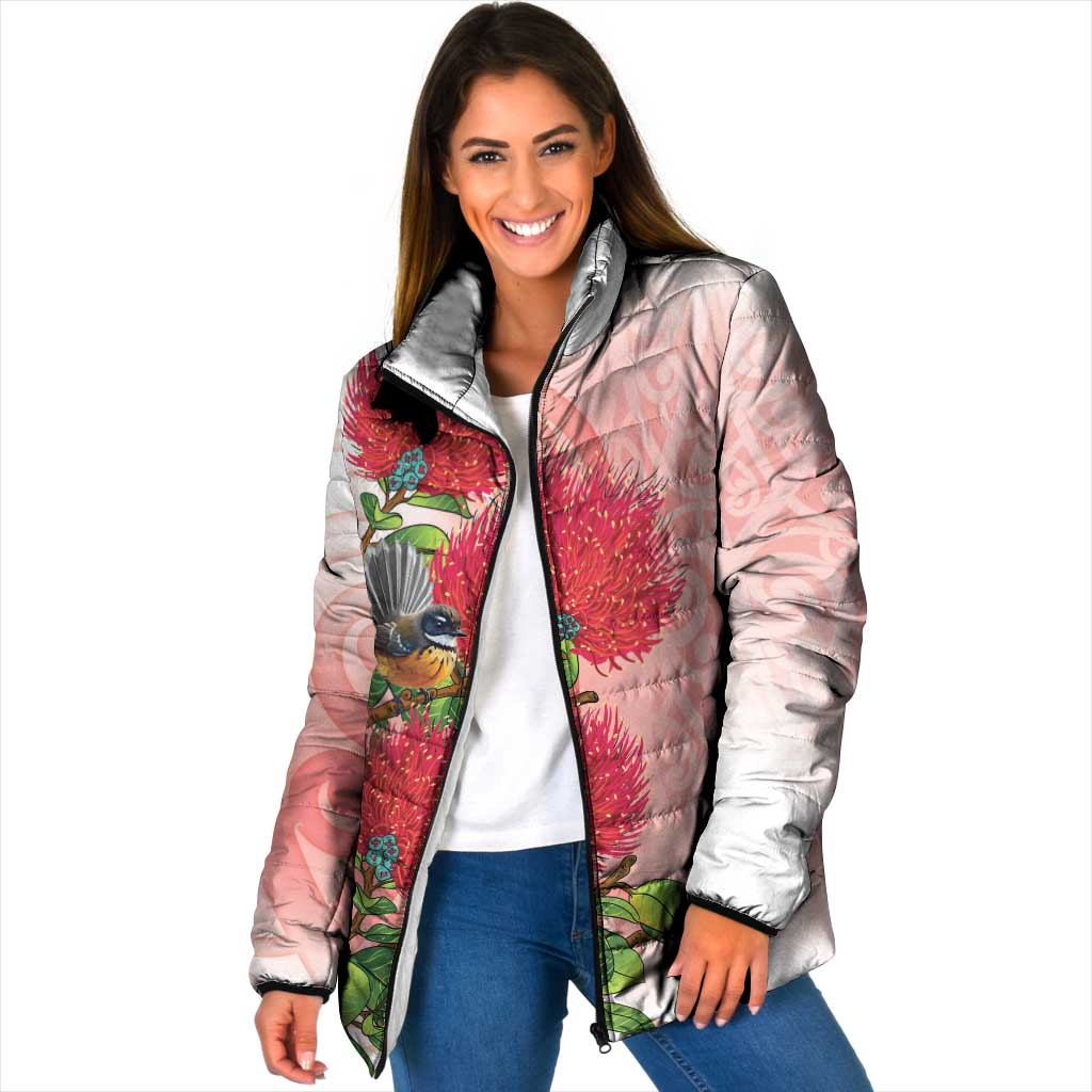 New Zealand Fantail Padded Jacket Maori Koru With Pohutukawa Flowers LT05 Women Red - Polynesian Pride