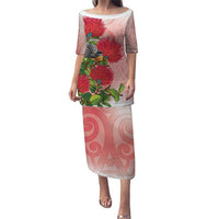 New Zealand Fantail Puletasi Maori Koru With Pohutukawa Flowers LT05 Long Dress Red - Polynesian Pride