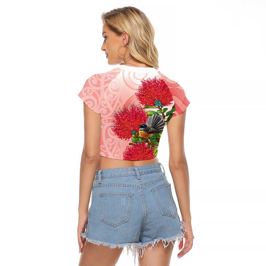 New Zealand Fantail Raglan Cropped T Shirt Maori Koru With Pohutukawa Flowers - Polynesian Pride