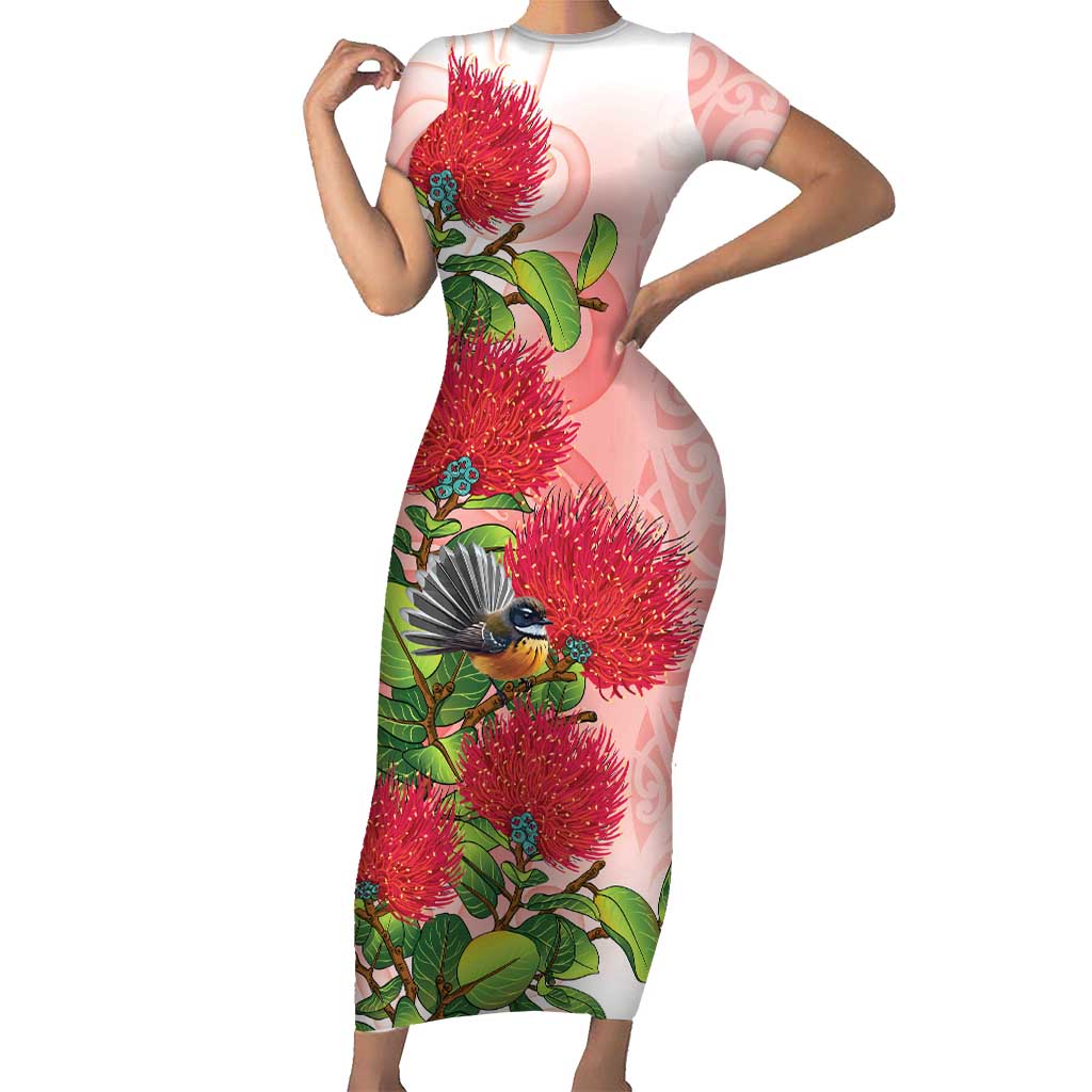New Zealand Fantail Short Sleeve Bodycon Dress Maori Koru With Pohutukawa Flowers - Polynesian Pride