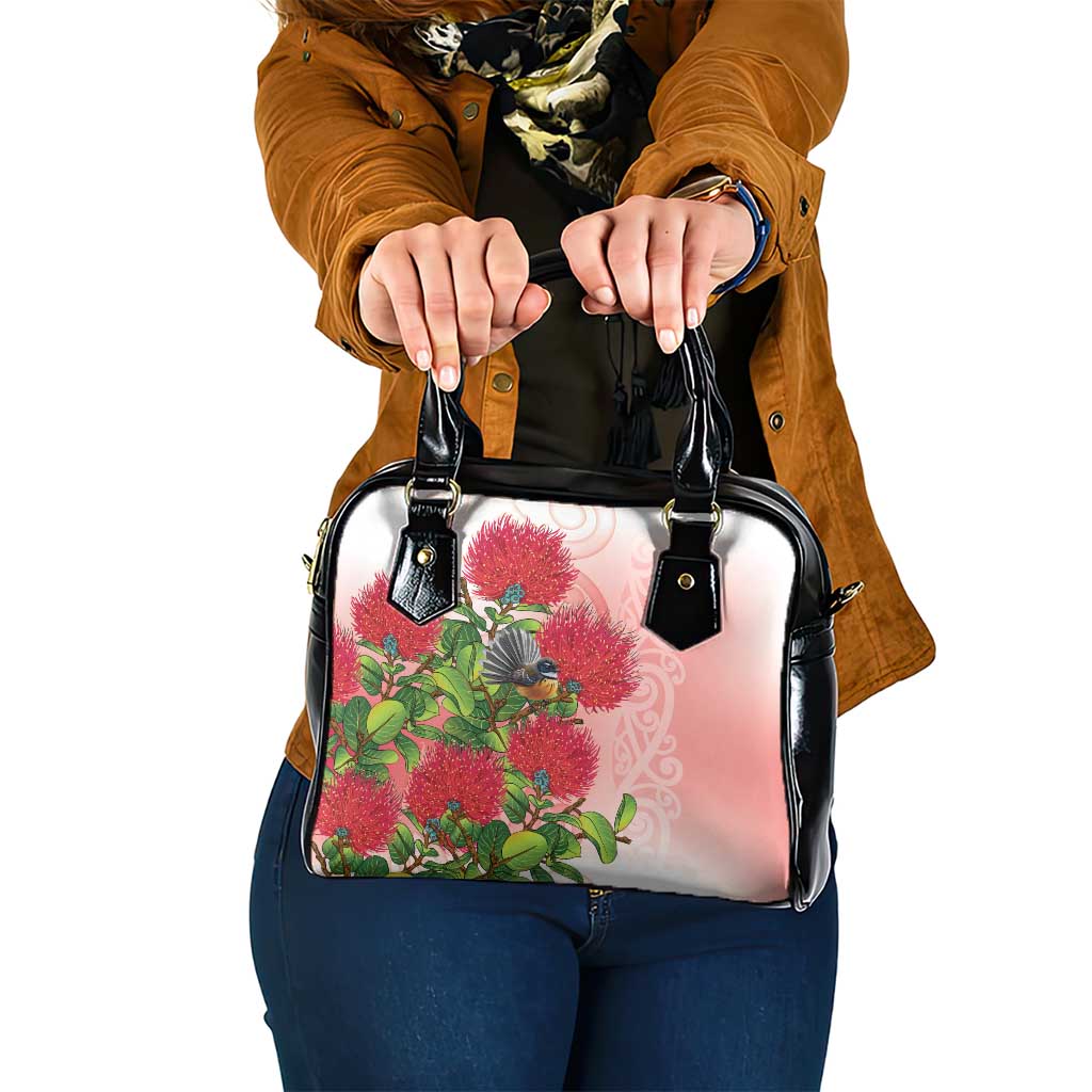 New Zealand Fantail Shoulder Handbag Maori Koru With Pohutukawa Flowers - Polynesian Pride