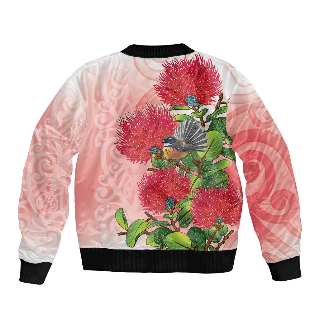 New Zealand Fantail Sleeve Zip Bomber Jacket Maori Koru With Pohutukawa Flowers - Polynesian Pride