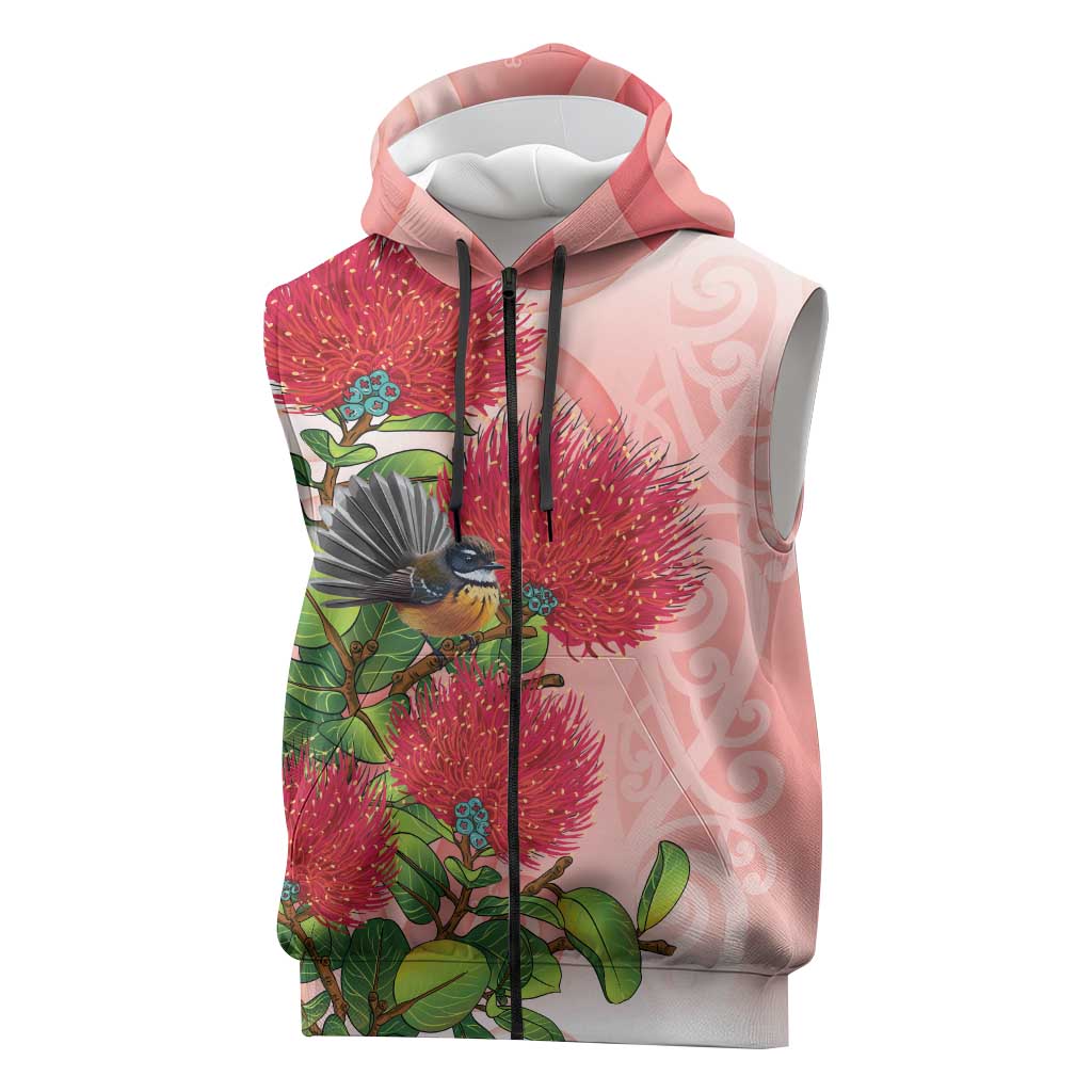 New Zealand Fantail Sleeveless Zip Hoodie Maori Koru With Pohutukawa Flowers - Polynesian Pride