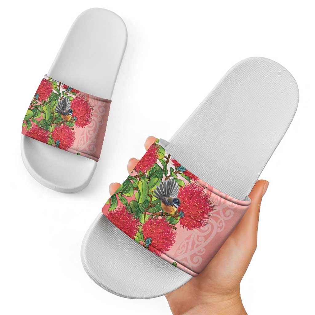 New Zealand Fantail Slide Sandals Maori Koru With Pohutukawa Flowers LT05 - Polynesian Pride