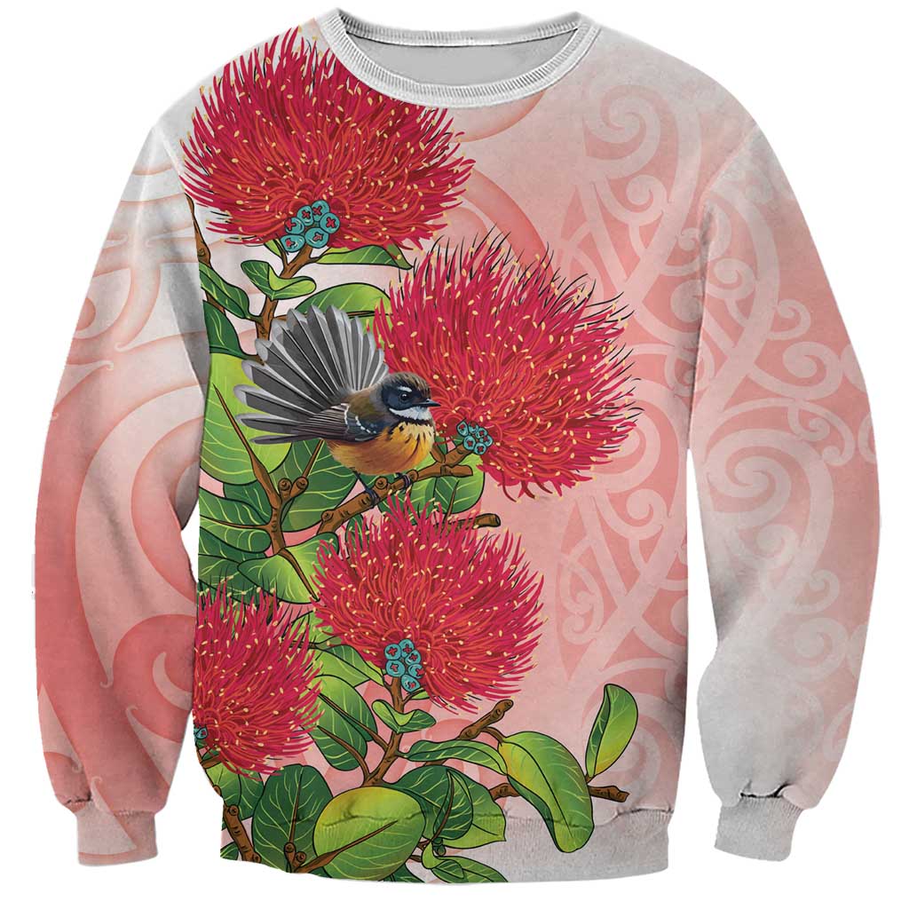 New Zealand Fantail Sweatshirt Maori Koru With Pohutukawa Flowers - Polynesian Pride