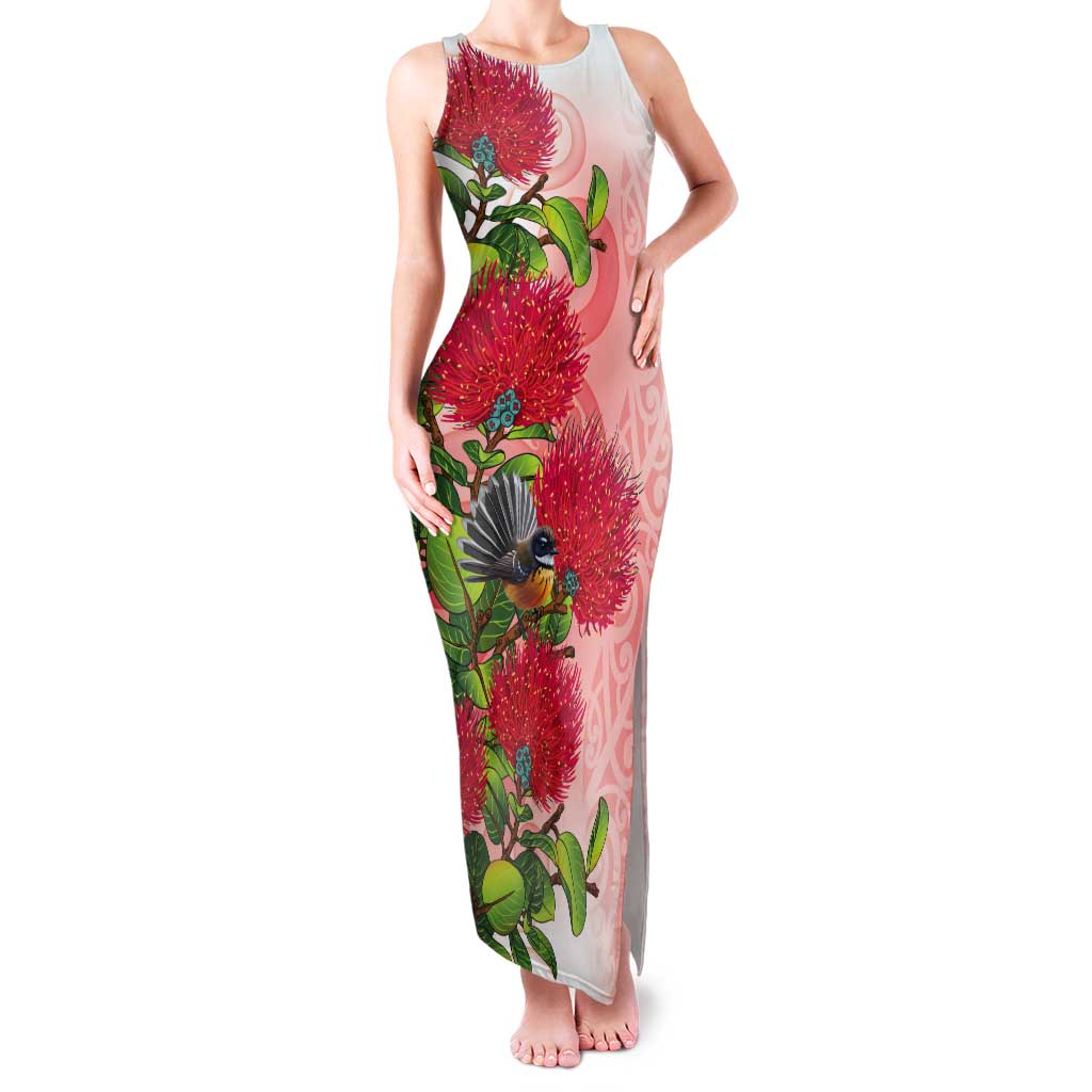 New Zealand Fantail Tank Maxi Dress Maori Koru With Pohutukawa Flowers - Polynesian Pride