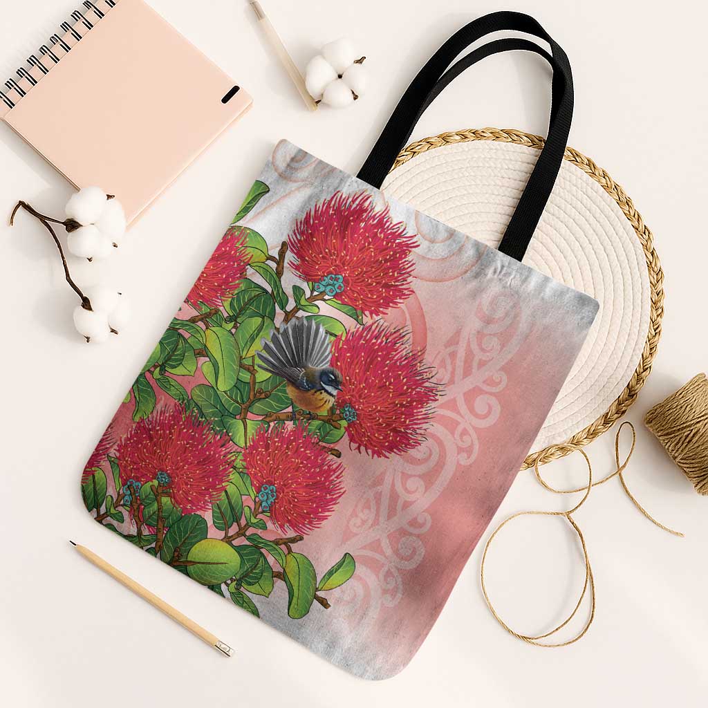 New Zealand Fantail Tote Bag Maori Koru With Pohutukawa Flowers - Polynesian Pride