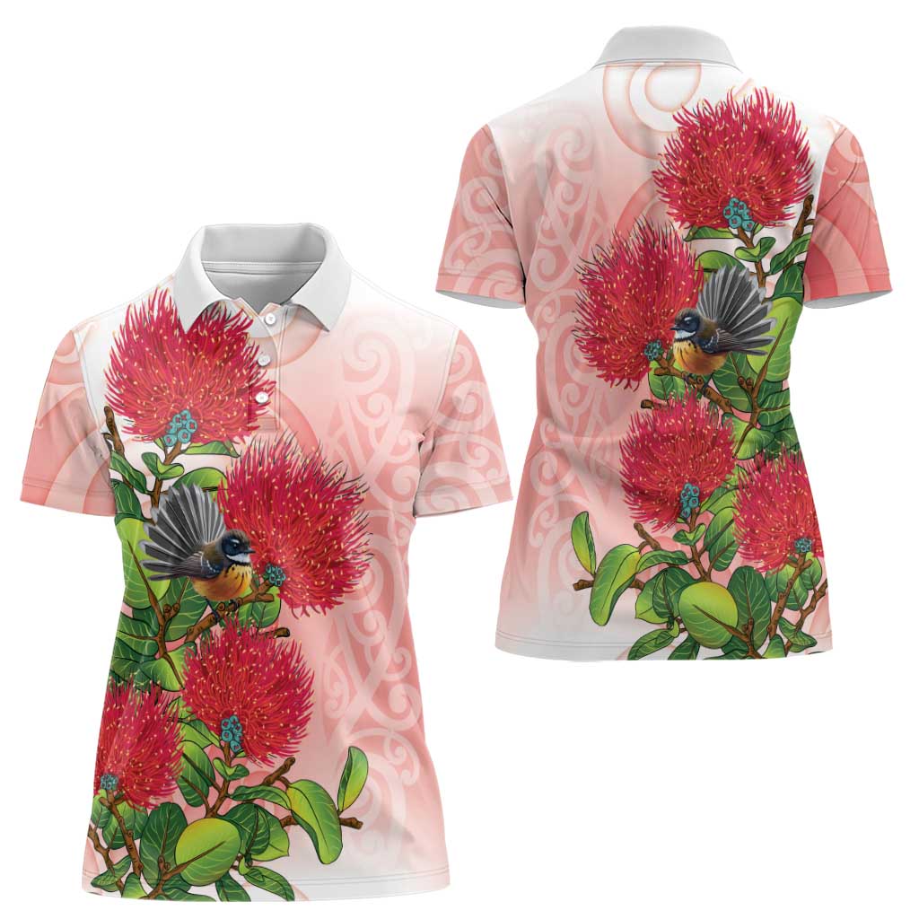 New Zealand Fantail Women Polo Shirt Maori Koru With Pohutukawa Flowers - Polynesian Pride