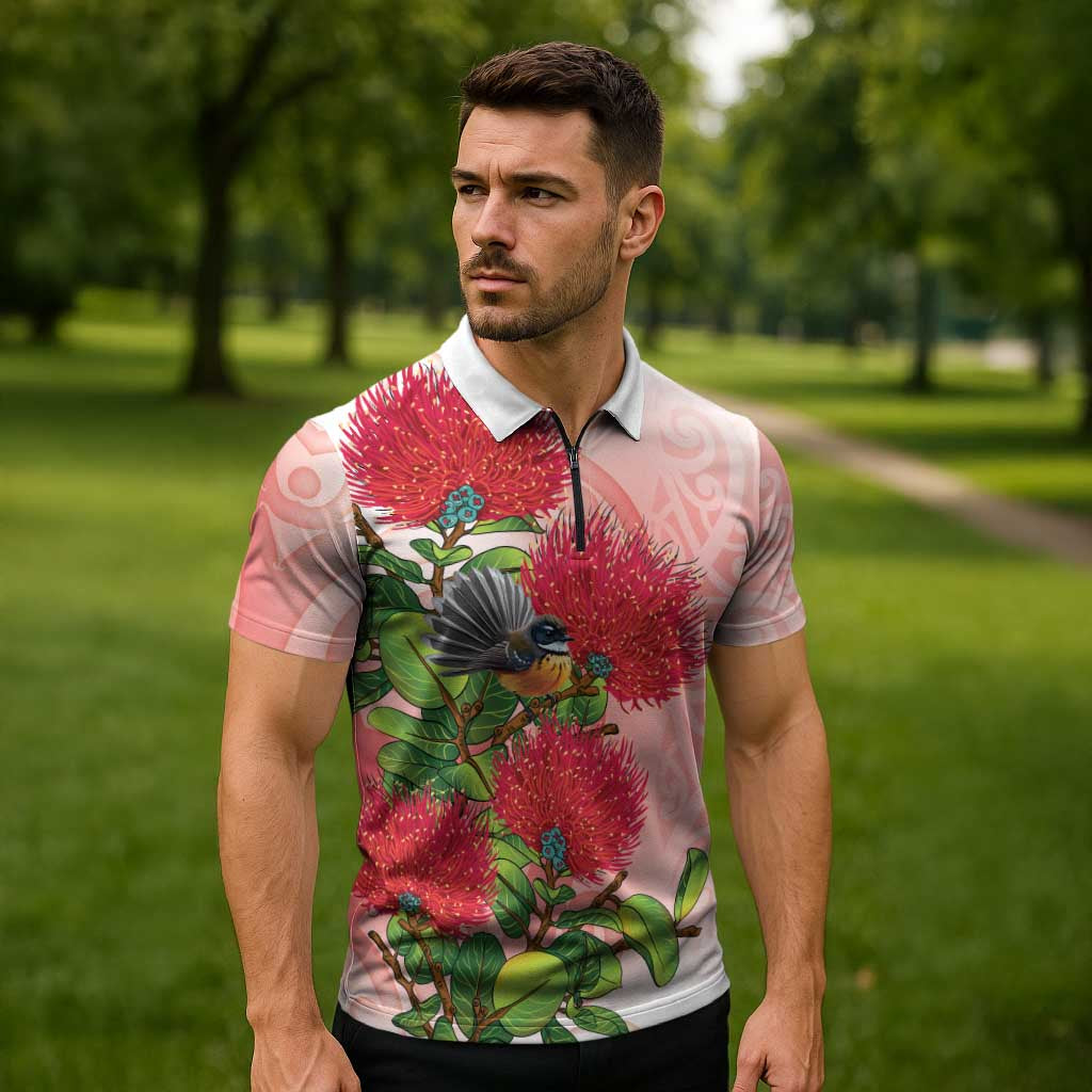 New Zealand Fantail Zipper Polo Shirt Maori Koru With Pohutukawa Flowers - Polynesian Pride